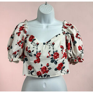 Shein Rose Crop Blouse Size Large Smocked Puff Short Sleeves Floral Blouse